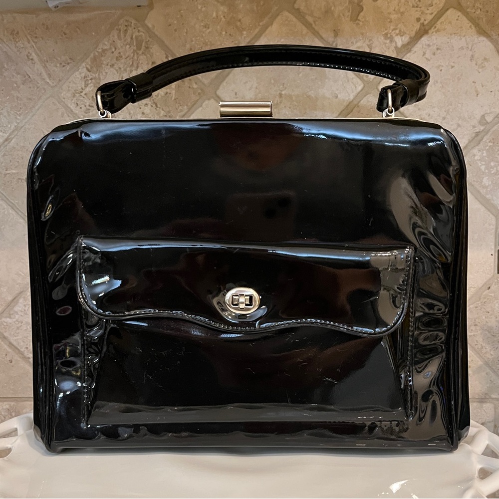 Beautiful Vintage Black Patent Sachel Purse Bag
